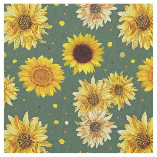 Sunflowers Dots Green Repeating Pattern Fabric Stof (Close Up)
