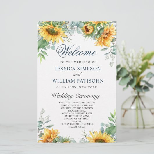 Sunflowers Eucalyptus Mariage programme de cérémon (Debout devant)