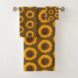 Sunflowers Floral Pattern Brown Yellow Towel Set Bad Handdoek