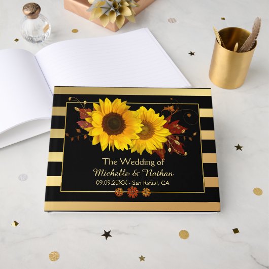 Sunflowers Gold Stried Mariage Livre d'invité (Recto ouvert)