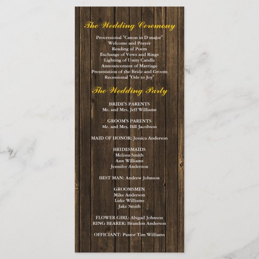 Sunflowers Grange Programme de mariage en bois (Dos)