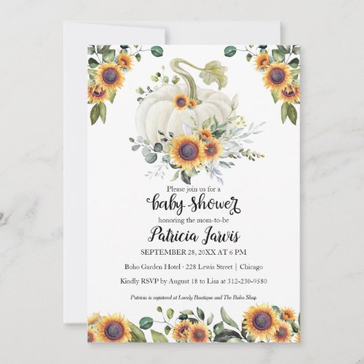 Sunflowers Green Citrouille Baby shower Invitation (Devant)