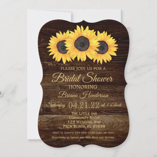 Sunflowers Invitation de douche nuptiale Bois rust (Devant)