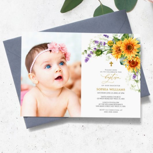 Sunflowers & Lavander Photo Baptism Invitation