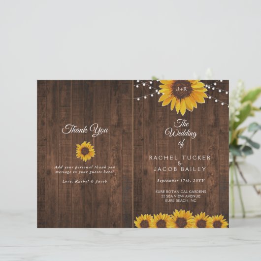 Sunflowers Lights Rustic Foled Wedding Programme (Debout devant)