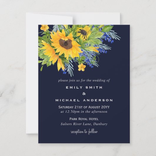 Sunflowers Marine Bleu Jaune Mariage Invitations (Devant)