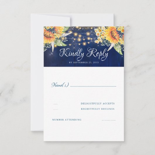 Sunflowers Marine Blue Rustic Wedding RSVP (Devant)