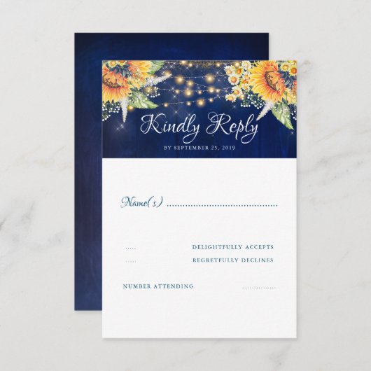 Sunflowers Marine Blue Rustic Wedding RSVP (Devant / Derrière)