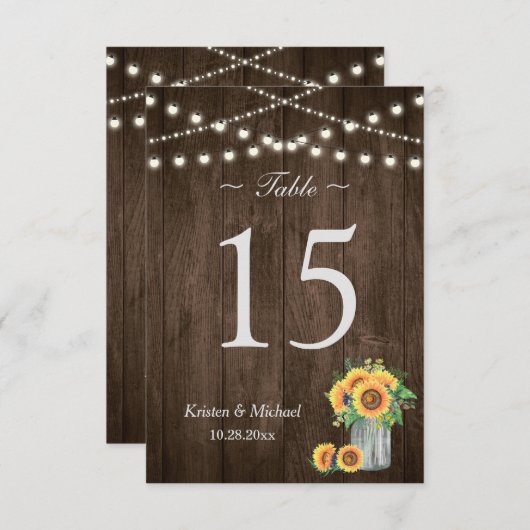 Sunflowers Mason Jar String Lights Numéro de table (Devant / Derrière)