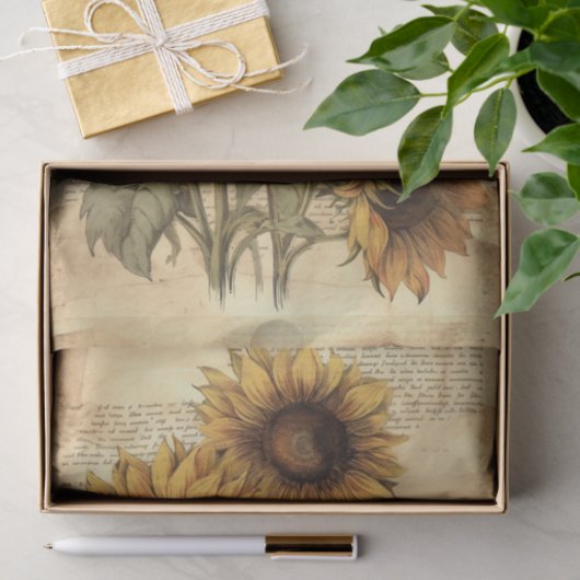 Sunflowers on Worn Style Parchment with Script Tissuepapier (Geschenk)