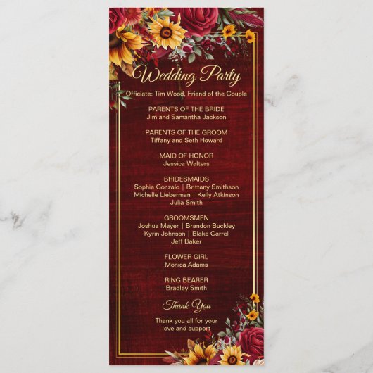 Sunflowers programme de mariage bordeaux (Dos)