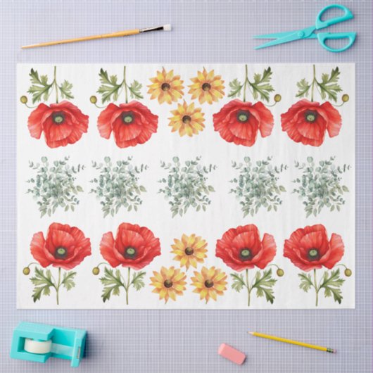 Sunflowers, Red Poppies & Eucalyptus Decoupage Tissuepapier (Craft)