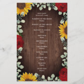 Sunflowers Red Roses Rustic Wood Wedding Programme (Dos)