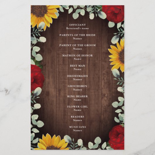 Sunflowers Red Roses Rustic Wood Wedding Programme (Dos)