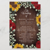 Sunflowers Red Roses Rustic Wood Wedding Programme (Devant / Derrière)