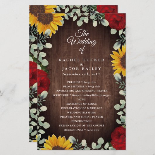 Sunflowers Red Roses Rustic Wood Wedding Programme (Devant / Derrière)