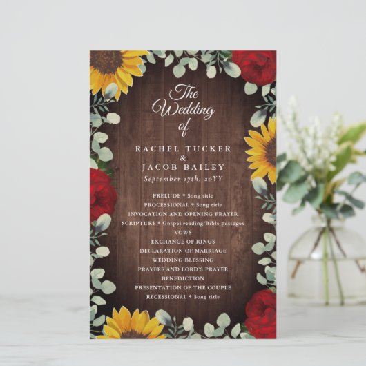 Sunflowers Red Roses Rustic Wood Wedding Programme (Debout devant)