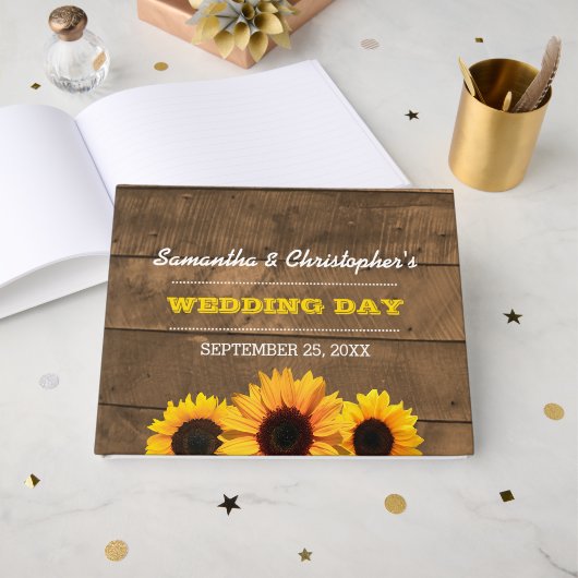 Sunflowers & Rustic Wood Mariage Livre d'invité (Recto ouvert)