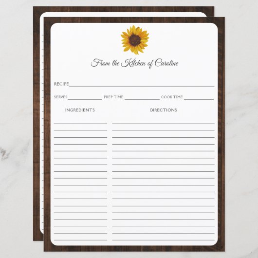 Sunflowers Rustic Wood Recette Carte Classeur Inse (Devant / Derrière)
