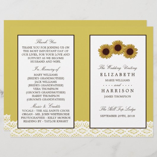 Sunflowers & Vintage Lace Mariage Programme biné (Devant / Derrière)