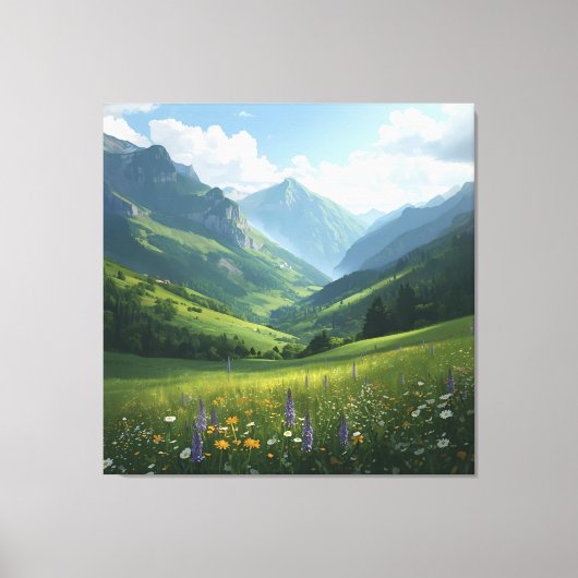 Sunlit Alpine Meadow – Schilderachtig Mountain Can Canvas Afdruk (Voorkant)