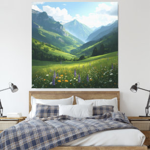 Sunlit Alpine Meadow – Schilderachtig Mountain Can Canvas Afdruk