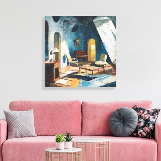 Sunlit Cobalt Blue Impressionist Room Painting Canvas Afdruk (Insitu (Woonkamer))