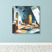 Sunlit Cobalt Blue Impressionist Room Painting Canvas Afdruk (Insitu (Houten vloer))