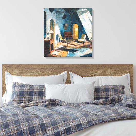 Sunlit Cobalt Blue Impressionist Room Painting Canvas Afdruk (Insitu (Slaapkamer))
