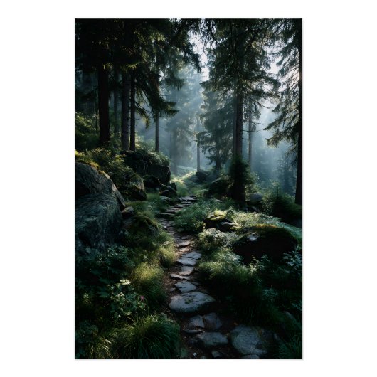 Sunlit Forest Path Through Ancient Pines Perfect Poster (Voorkant)