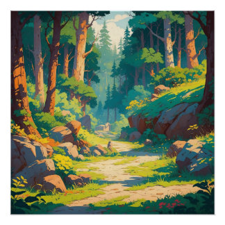 Sunlit Forest Path - Tranquil Woodland Natuur Scen Perfect Poster