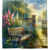 Sunlit Garden Pathway Gate Scene Douchegordijn (Voorkant)