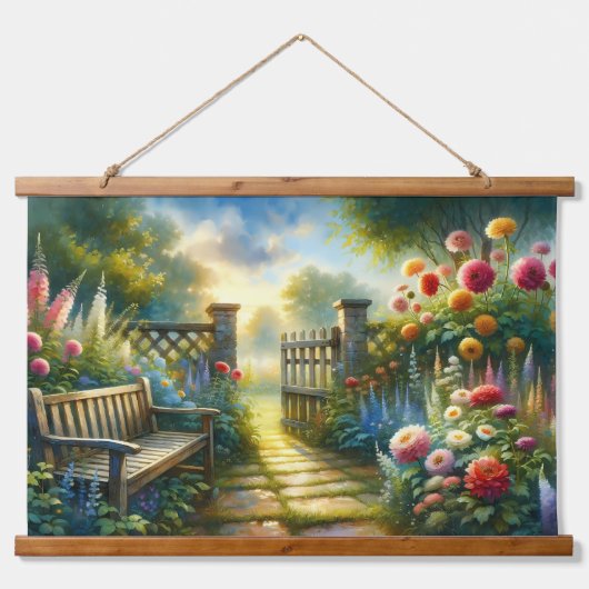 Sunlit Garden Pathway Gate Scene Hangend Wandkleed (Voorkant)