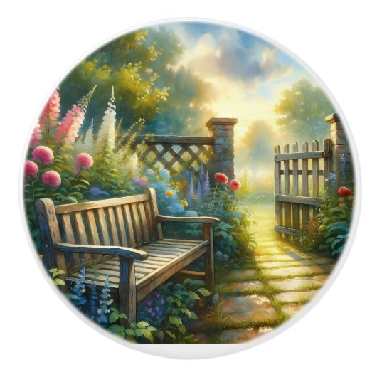 Sunlit Garden Pathway Gate Scene Keramische Knop (Voorkant)