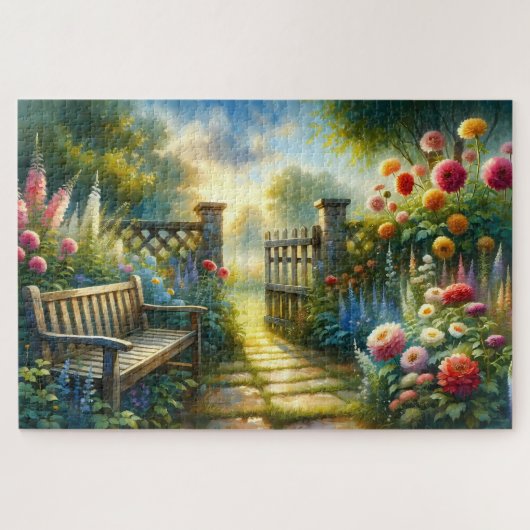 Sunlit Garden Pathway Gate Scene Legpuzzel (Horizontaal)