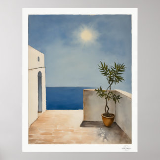 Sunlit Terrace with Olive Tree Poster