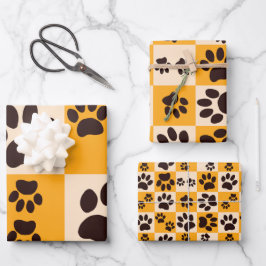 Sunny Cat Paw Print Checkerboard Inpakpapier Vel