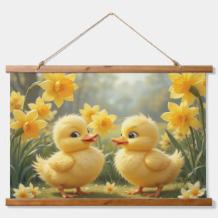 Sunny Duckling Duo onder narcissen Hangend Wandkleed