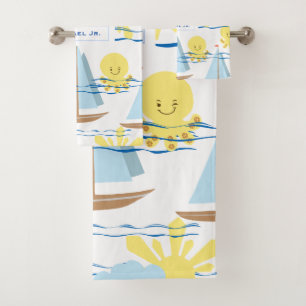 Sunny Kinder Pattern, Boat, Octopus en Sun Clipart Bad Handdoek