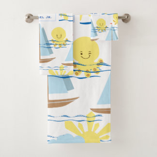 Sunny Kinder Pattern, Boat, Octopus en Sun Clipart Bad Handdoek