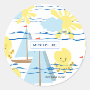 Sunny Kinder Pattern, Boat, Octopus en Sun Clipart Ronde Sticker
