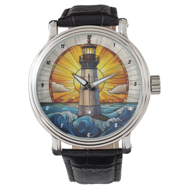 Sunny Lighthouse Waves Stained Glass Horloge (Voorkant)