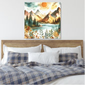 Sunny Rustic Boho Nature Pattern Mountain Lake Canvas Afdruk (Insitu (Slaapkamer))