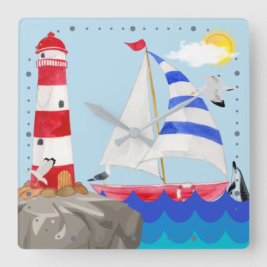 Sunny Sailing Ocean Adventure Sailboat Lighthouse Vierkante Klok (Voorkant)
