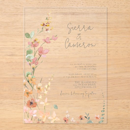 Sunny Wildflower Wedding Transparant ID1023 Acryl Uitnodigingen (Voorkant)