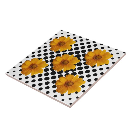 Sunny Yellow Flowers op Black and White Dot Tegel Tegeltje (Zijkant)