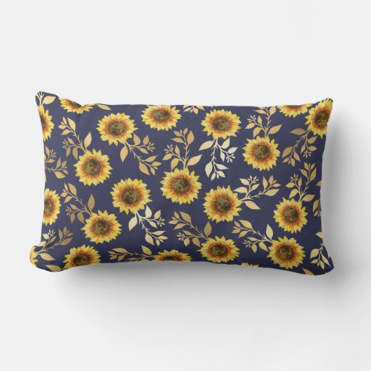 Sunny Yellow Gold Navy Sunflower Leaves Pattern Buitenkussen (Voorkant)