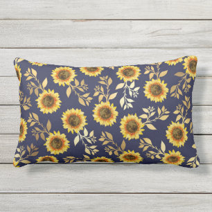 Sunny Yellow Gold Navy Sunflower Leaves Pattern Buitenkussen