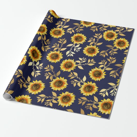Sunny Yellow Gold Navy Sunflower Leaves Pattern Cadeaupapier (Uitgerold)