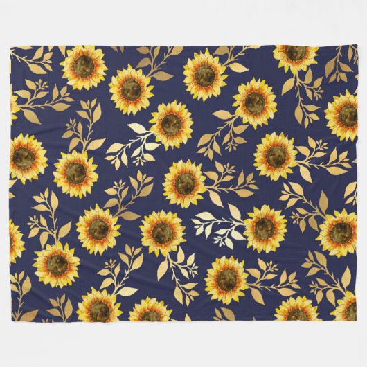Sunny Yellow Gold Navy Sunflower Leaves Pattern Fleece Deken (Voorkant (Horizontaal))